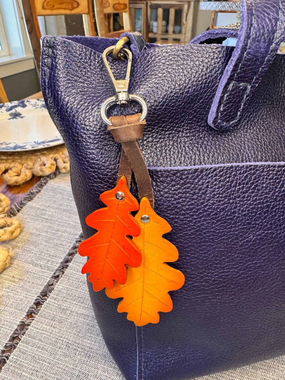 Leather Purse Charm Oak Tree Leaf Bag Charm Genuine Leather Purse Keychain NEW